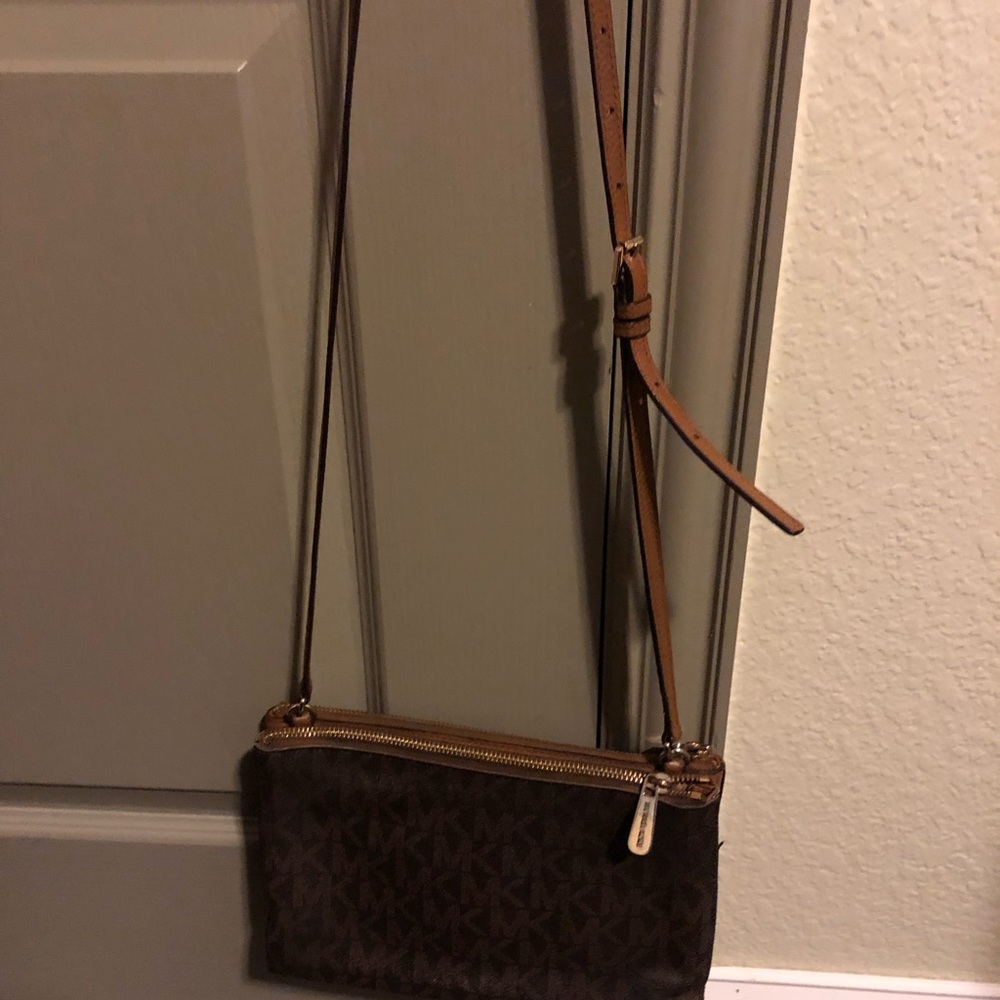 Michael Kors small crossbody, signature and camel colored